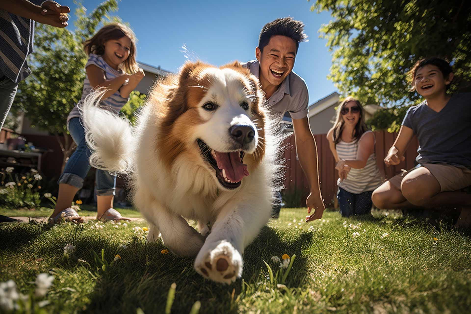 Family and Their Dog Playing in a Sun-Drenched Backyard