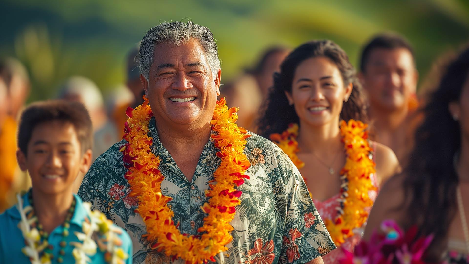 Hawaiian Visitors With Lei Garlands Around Their Necks and Traditional Hawaii Shirts