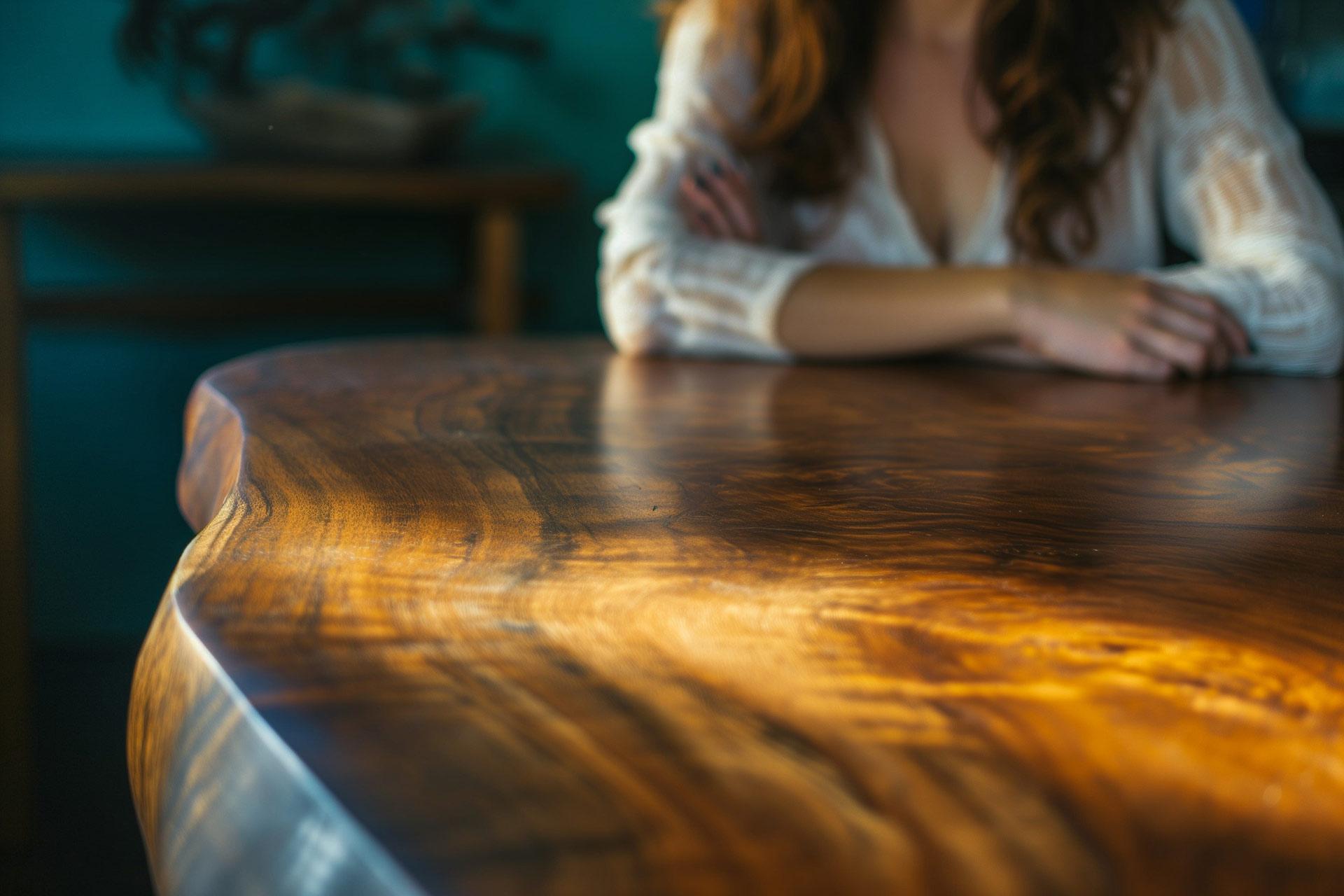 Woman Seated Behind a Glossy Koa Wood Table in Warmly Lit Room